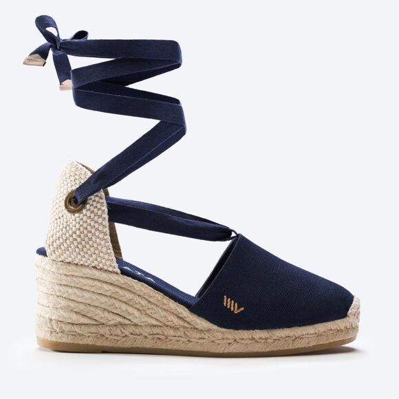 Viscata Escala Canvas Espadrille Wedges Size 39 US 8 Navy Blue Lace Up Handmade - Picture 1 of 10